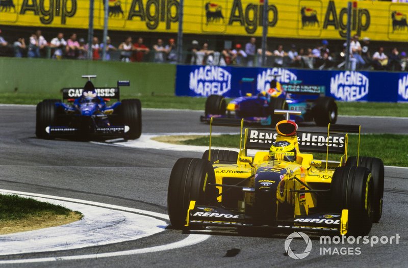 Ralf Schumacher, Jordan 198 Mugen-Honda, Jarno Trulli, Prost AP01 Peugeot, and Johnny Herbert, Sauber C17 Petronas