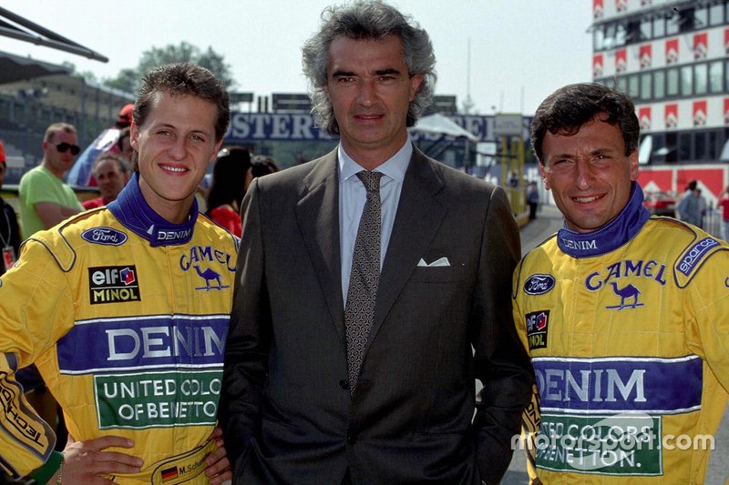 Michael Schumacher, Flavio Briatore, y Riccardo Patrese, Benetton