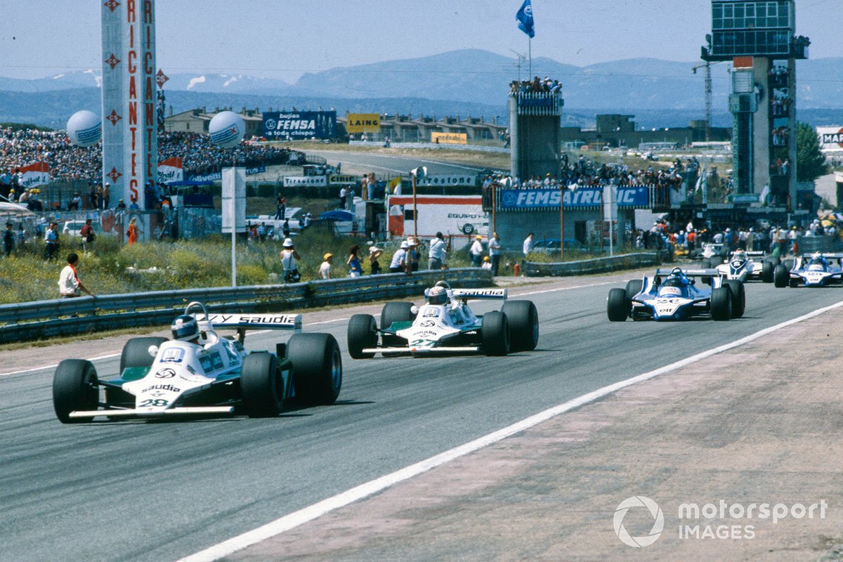 Carlos Reutemann, Williams FW07B Ford, Alan Jones, Williams FW07B Ford, Jacques Laffite, Ligier JS11/15 Ford, y Didier Pironi, Ligier JS11/15 Ford