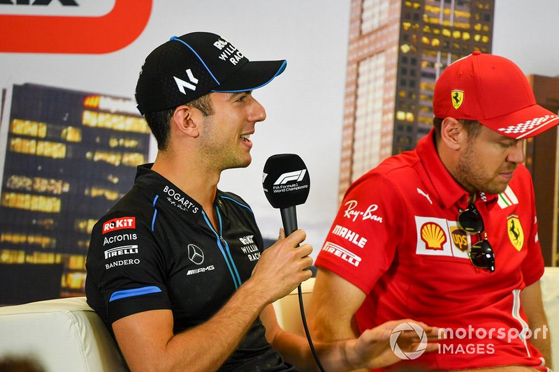 Nicholas Latifi, Williams Racing and Sebastian Vettel, Ferrari, in the press conference