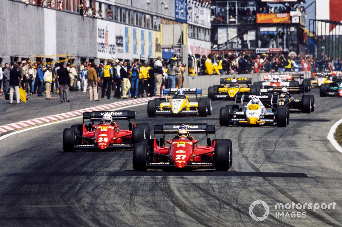 Michele Alboreto, Ferrari 126C4, lidera a René Arnoux, Ferrari 126C4, Keke Rosberg, Williams FW09 Honda, Derek Warwick, Renault RE50, Elio de Angelis, Lotus 95T Renault, y Manfred Winkelhock, ATS D7 BMW, en la salida