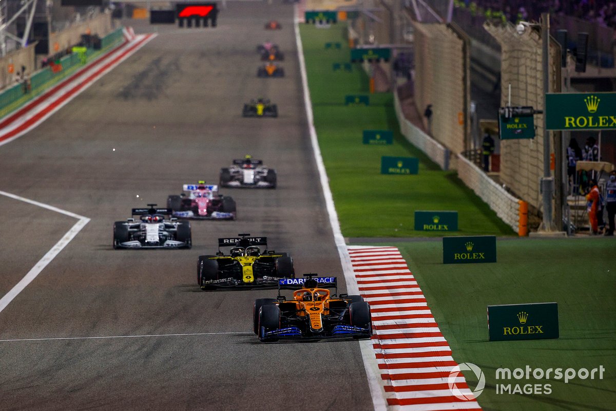 Carlos Sainz Jr., McLaren MCL35, Daniel Ricciardo, Renault F1 Team R.S.20, Daniil Kvyat, AlphaTauri AT01, Lance Stroll, Racing Point RP20, and Pierre Gasly, AlphaTauri AT01