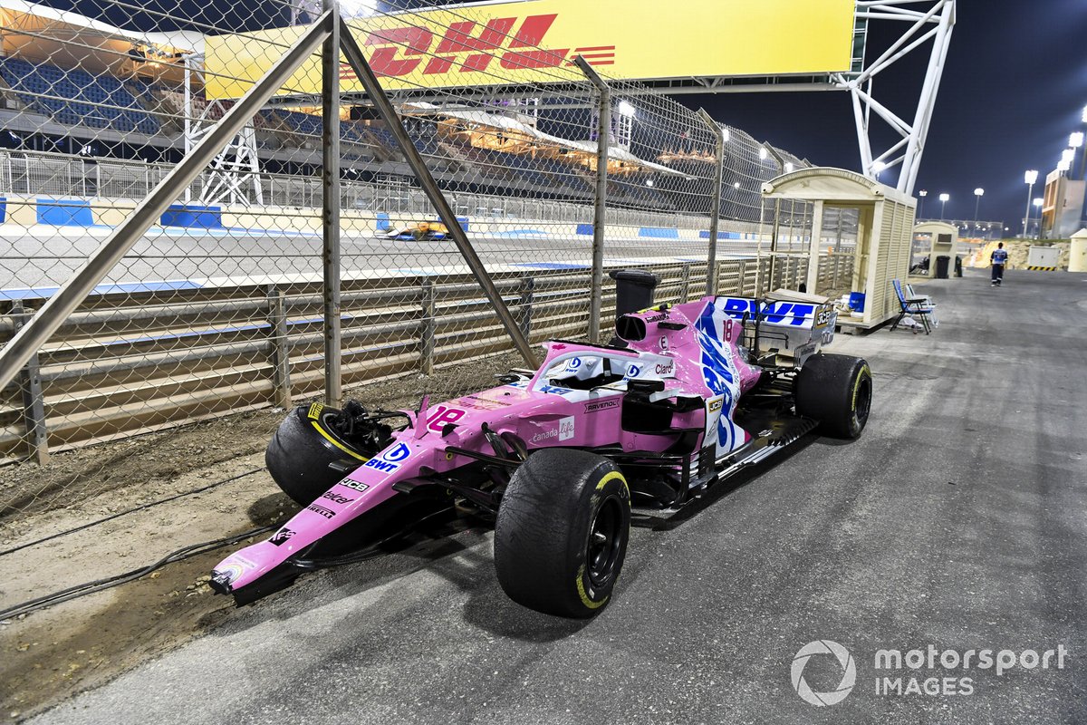 The damaged car of Lance Stroll, Racing Point RP20, after a crash with Daniil Kvyat, AlphaTauri AT01, resulted in the car overturning