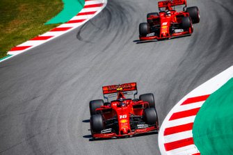 Charles Leclerc, Ferrari SF90, leads Sebastian Vettel, Ferrari SF90