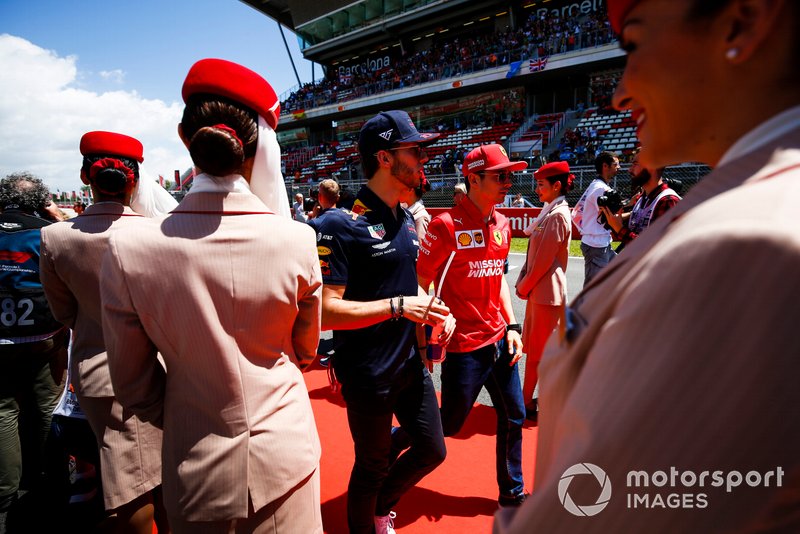 Pierre Gasly, Red Bull Racing, and Charles Leclerc, Ferrari, at the drivers parade