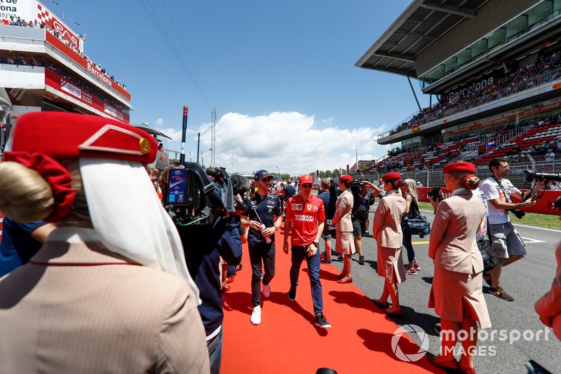 Pierre Gasly, Red Bull Racing, and Charles Leclerc, Ferrari, at the drivers parade