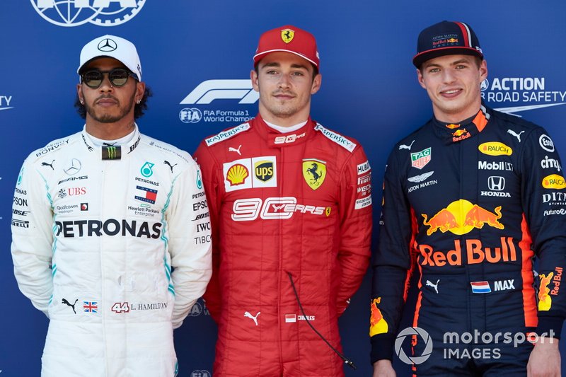 Top three Qualifiers Lewis Hamilton, Mercedes AMG F1, Pole sitter Charles Leclerc, Ferrari, and Max Verstappen, Red Bull Racing