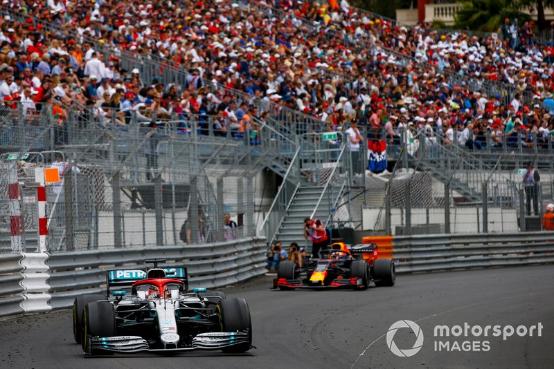 Lewis Hamilton, Mercedes AMG F1 W10, leads Max Verstappen, Red Bull Racing RB15
