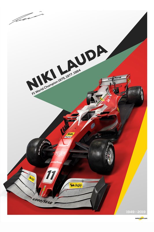 Niki Lauda tribute poster featuring the 2019 Ferrari SF90 with a classic livery