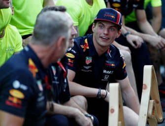 Christian Horner and Max Verstappen, Red Bull Racing celebrate with the team