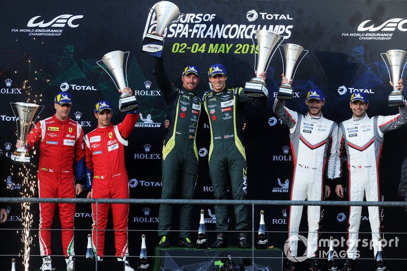 Podio GTE Pro: Ganador #97 Aston Martin Racing Aston Martin Vantage AMR: Alex Lynn, Maxime Martin, segundo #51 AF Corse Ferrari 488 GTE EVO: Alessandro Pier Guidi, James Calado, tercer lugar #92 Porsche GT Team Porsche 911 RSR: Michael Christensen, Kevin Estre