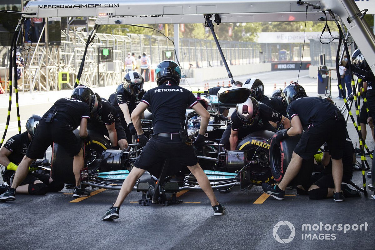 Valtteri Bottas, Mercedes W12, makes a pit stop