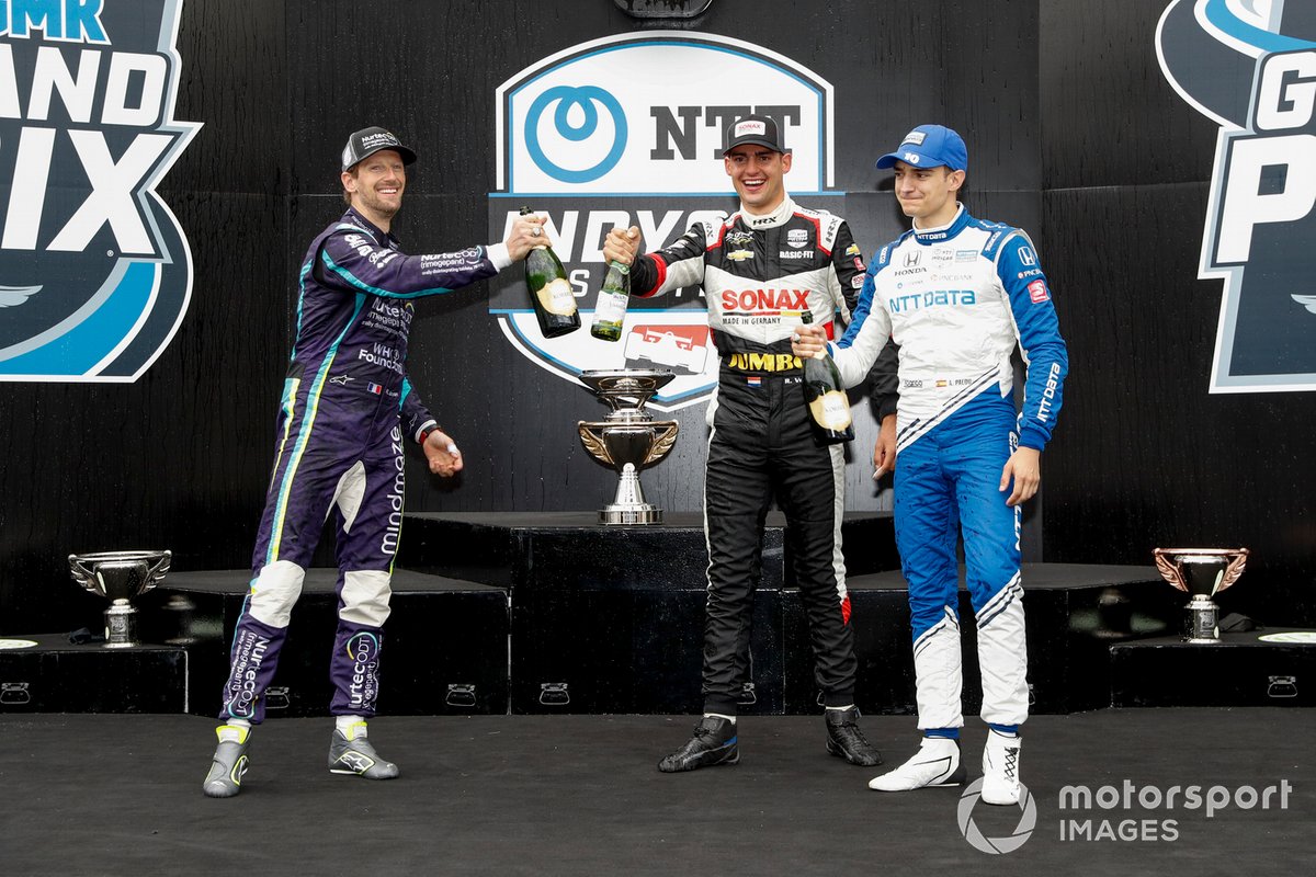Podio: ganador Rinus VeeKay, Ed Carpenter Racing Chevrolet, segundo Romain Grosjean, Dale Coyne Racing with RWR Honda, y tercero Alex Palou, Chip Ganassi Racing Honda
