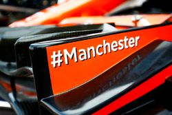 Hashtag logo in solidarity, the city of Manchester on the front wing of the McLaren MCL32