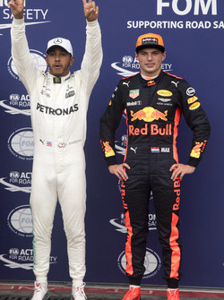 Polesitter Lewis Hamilton, Mercedes AMG F1 and Max Verstappen, Red Bull Racing in parc ferme