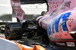 The crashed car of Sergio Perez, Sahara Force India VJM10 is recovered after FP1