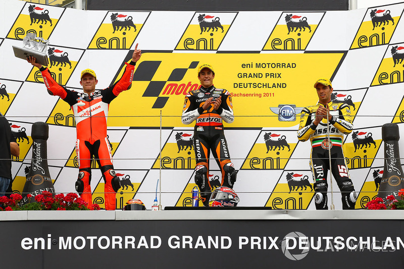 Podium: winnaar Marc Marquez, tweede Stefan Bradl, derde Alex de Angelis