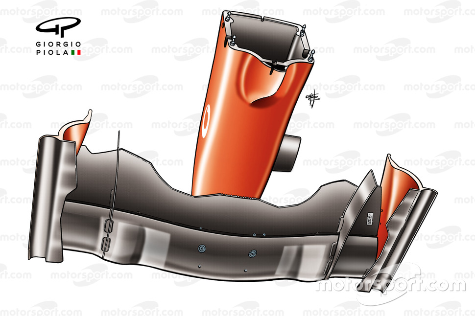 Ferrari F2004 (655) 2004, vista dal basso del naso e dell'ala anteriore
