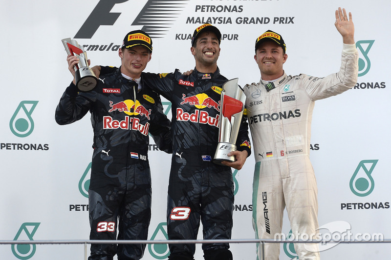 Podium: winnaar Daniel Ricciardo, Red Bull Racing, tweede Max Verstappen, Red Bull Racing, derde Nic