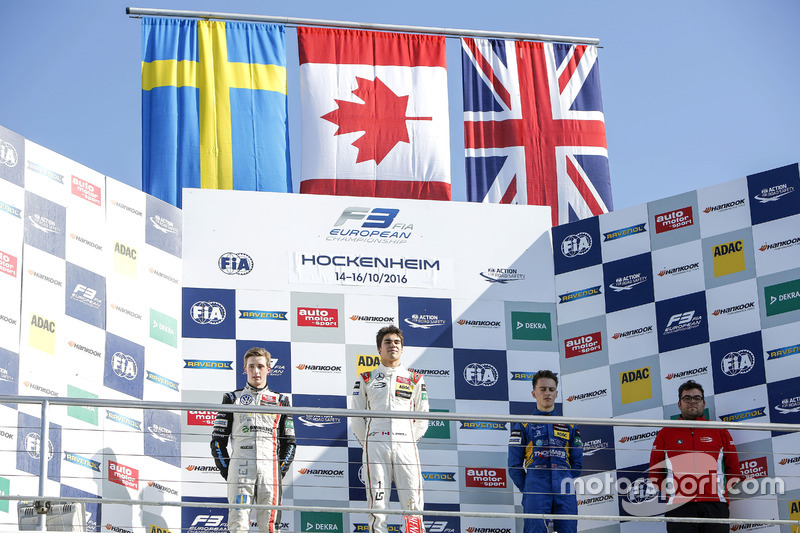 Podium: Race winner Lance Stroll, Prema Powerteam Dallara F312 - Mercedes-Benz; second place Joel Eriksson, Motopark Dallara F312 - Volkswagen; third place Jake Hughes, Carlin Dallara F312 - Volkswagen