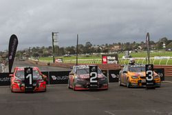 Race winners Garth Tander and Warren Luff, Holden Racing Team, second place Shane van Gisberge and Alexander Premat, Triple Eight Race Engineering Holden, third place Will Davison and Jonathon Webb, Tekno Autosports Holden