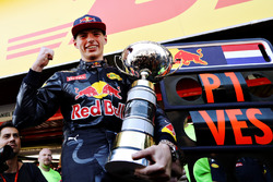 Max Verstappen, Red Bull Racing celebrates his win with his trophy