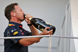 Christian Horner, Red Bull Racing Team Principal celebrates on the podium