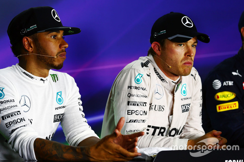 Lewis Hamilton, Mercedes AMG F1 and team mate Nico Rosberg, Mercedes AMG F1 in the FIA Press Confere