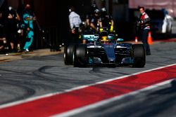 Lewis Hamilton, Mercedes F1 W08, powers away from a pit stop