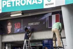 The garage sign of Pierre Gasly, Scuderia Toro Rosso is erected
