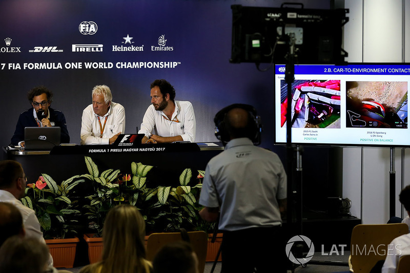 Laurent Mekies, FIA Safety Director, Charlie Whiting, FIA Delegate and Matteo Bonciani, FIA Media Delegate in the Press Conference for the Halo device