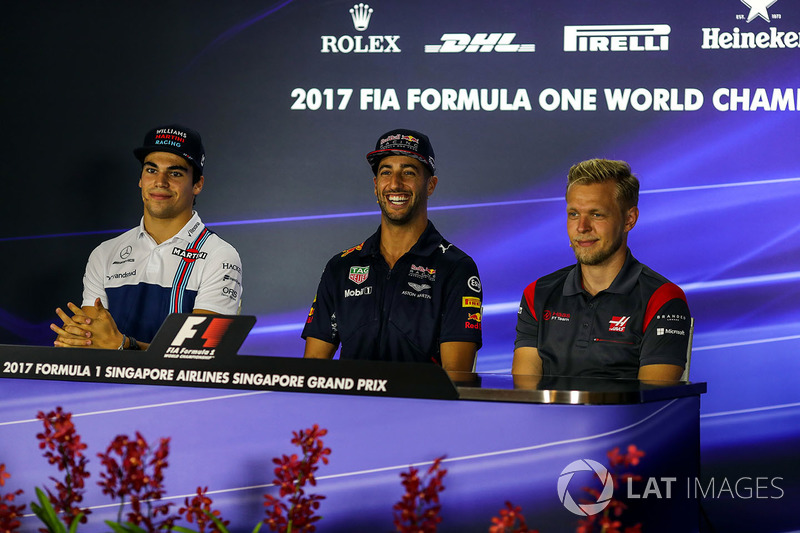 Lance Stroll, Williams, Daniel Ricciardo, Red Bull Racing e Kevin Magnussen, Haas F1 Team nella conferenza stampa