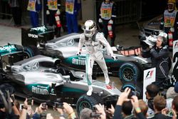 Lewis Hamilton, Mercedes AMG F1, celebrates victory in parc ferme