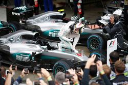 Lewis Hamilton, Mercedes AMG F1, celebrates victory in parc ferme