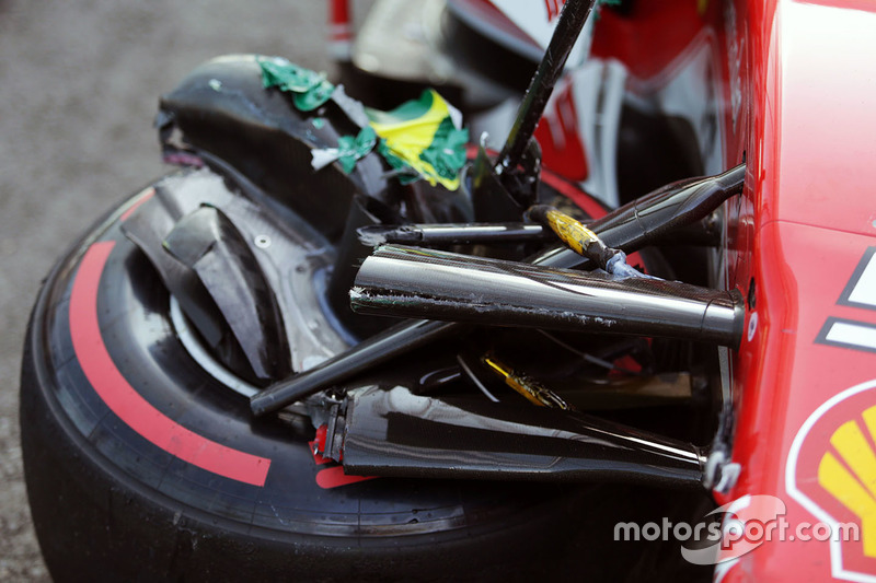 The damaged nosecone of race retiree Sebastian Vettel, Ferrari SF16-H