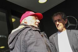 (L to R): Niki Lauda, Mercedes Non-Executive Chairman with Alain Prost,