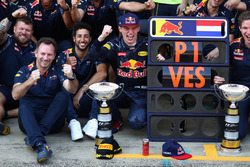 Max Verstappen, Red Bull Racing celebrates his first F1 win with Daniel Ricciardo, Red Bull Racing, Christian Horner, Red Bull Racing Team Principal and his team