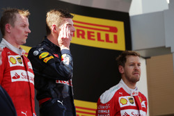 The podium, Ferrari, second; Max Verstappen, Red Bull Racing, race winner; Sebastian Vettel, Ferrari, third