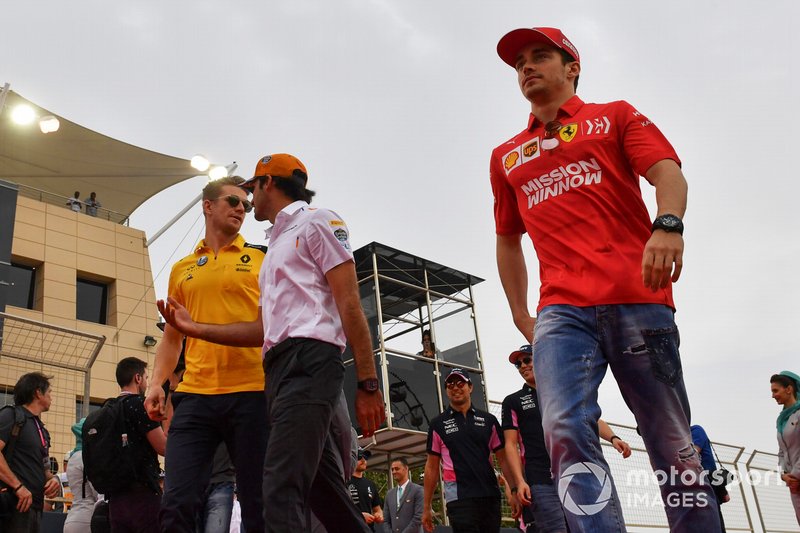 Nico Hulkenberg, Renault F1 Team, Carlos Sainz Jr., McLaren, and Charles Leclerc, Ferrari, in the drivers parade