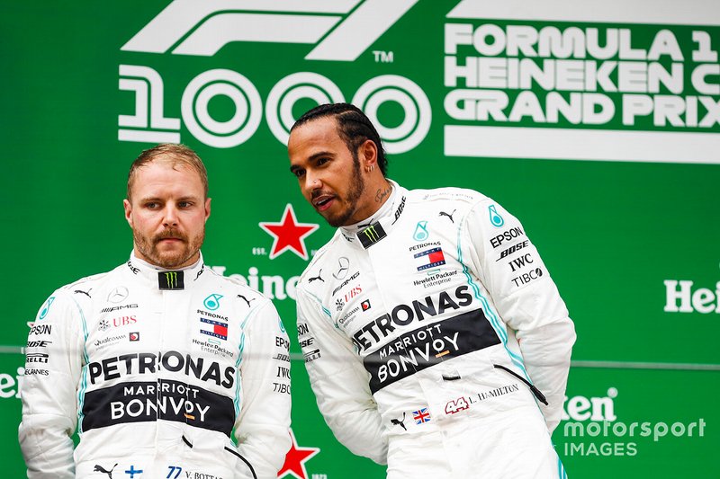 Valtteri Bottas, Mercedes AMG F1, 2nd position, and Lewis Hamilton, Mercedes AMG F1, 1st position, on the podium