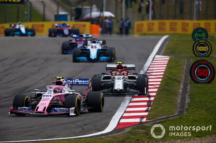 Lance Stroll, Racing Point RP19, leads Antonio Giovinazzi, Alfa Romeo Racing C38, George Russell, Williams Racing FW42, and Daniil Kvyat, Toro Rosso STR14