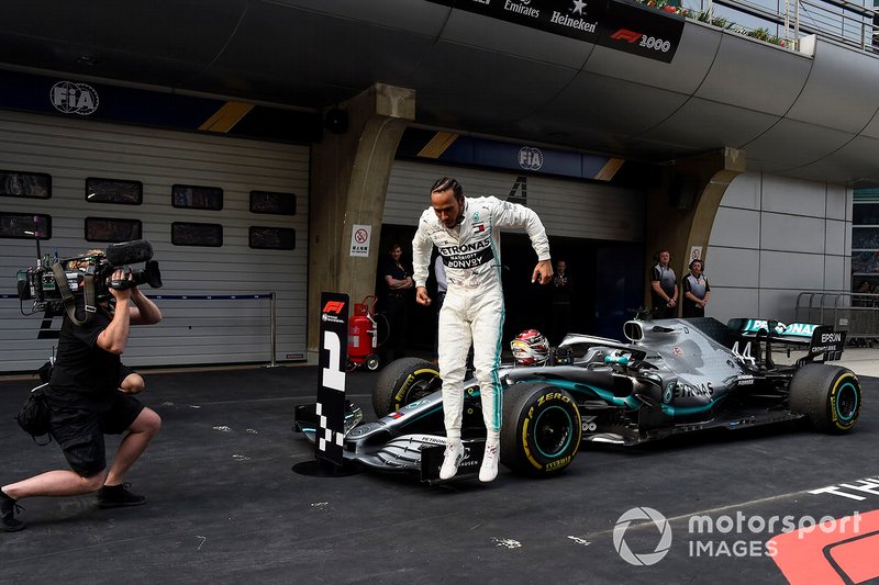 Lewis Hamilton, Mercedes AMG F1, 1st position, celebrates on arrival in Parc Ferme