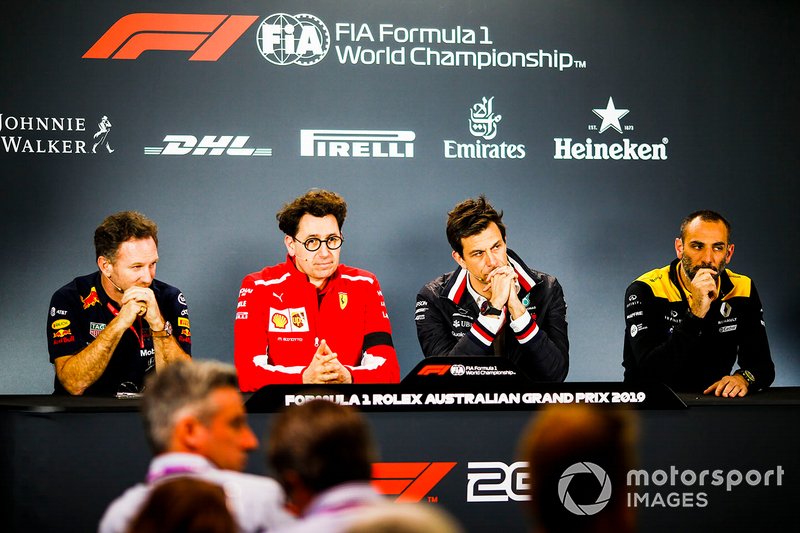 Christian Horner, Team Principal, Red Bull Racing, Mattia Binotto, Team Principal Ferrari, Toto Wolff, Executive Director (Business), Mercedes AMG, and Cyril Abiteboul, Managing Director, Renault F1 Team, in the team principals Press Conference