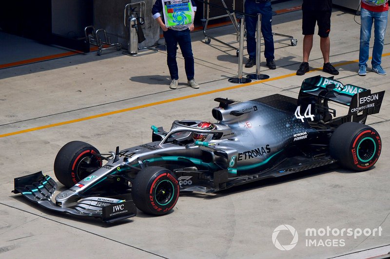 Lewis Hamilton, Mercedes AMG F1 W10, in the pit lane