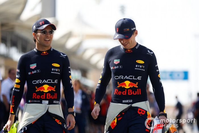 Sergio Perez, Red Bull Racing, with Max Verstappen, Red Bull Racing 