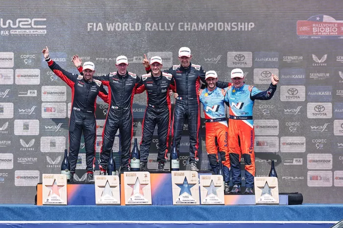 Podium: Winners Sébastien Ogier, Vincent Landais, Toyota Gazoo Racing WRT Toyota GR Yaris Rally1, second place Elfyn Evans, Scott Martin, Toyota Gazoo Racing WRT Toyota GR Yaris Rally1, third place Adrien Fourmaux, Alexandre Coria, Hyundai World Rally Tea