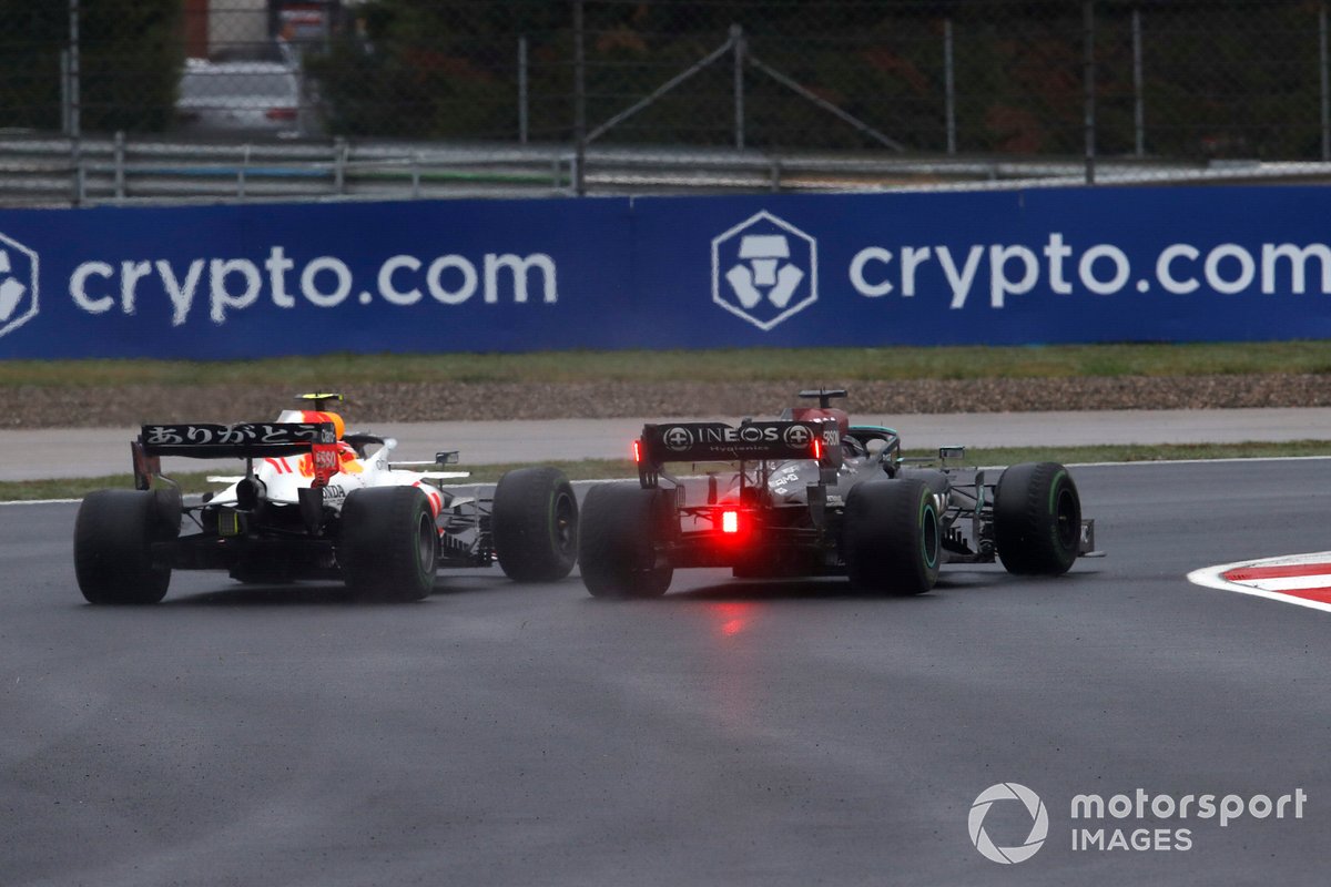 Lewis Hamilton, Mercedes W12, battles with Sergio Perez, Red Bull Racing RB16B