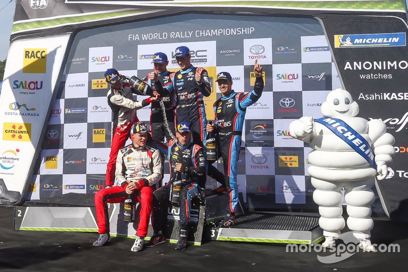 Podium: Winner Thierry Neuville, Nicolas Gilsoul, Hyundai Motorsport Hyundai i20 Coupe WRC, second place Ott Tänak, Martin Järveoja, Toyota Gazoo Racing WRT Toyota Yaris WRC, third place Dani Sordo, Carlos del Barrio, Hyundai Motorsport Hyundai i20 Coupe WRC