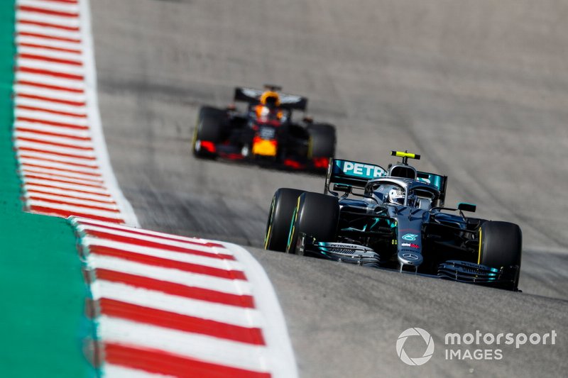 Valtteri Bottas, Mercedes AMG W10, and Max Verstappen, Red Bull Racing RB15 