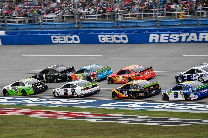 Austin Dillon, Richard Childress Racing, Chevrolet Camaro American Ethanol / RCR 50th, Kurt Busch, Chip Ganassi Racing, Chevrolet Camaro Monster Energy, Brad Keselowski, Team Penske, Ford Mustang Miller Lite, Kyle Busch, Joe Gibbs Racing, Toyota Camry M&M's Hazelnut, Matt DiBenedetto, Leavine Family Racing, Toyota Camry One Bite, and Clint Bowyer, Stewart-Haas Racing, Ford Mustang Rush / Mobil Delvac 1